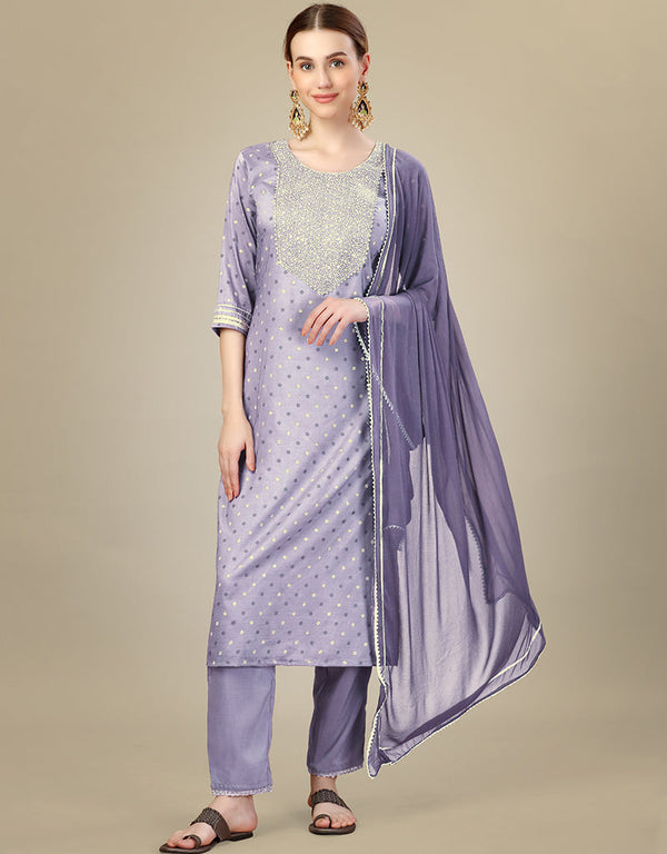 Traditional Function Wear Silk Blend Readymade Suit Collection Lavender Silk Blend Pant Straight Front View